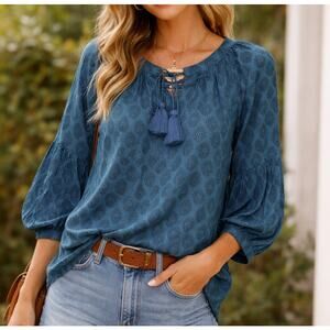 Womens Alamwar Blue Patterned Blouse Size L EUC!